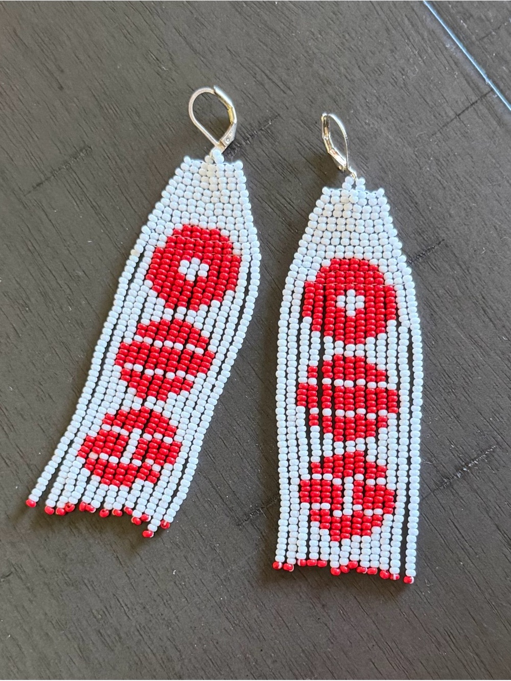 Handmade White and Red Beaded Fringe Earrings